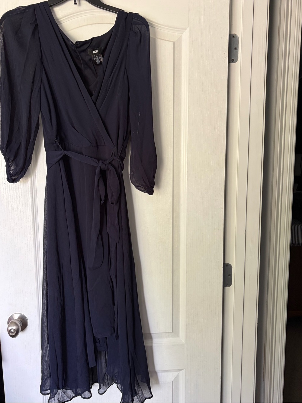 DKNY Navy Blue Wrap Midi Dress with Tie Waist